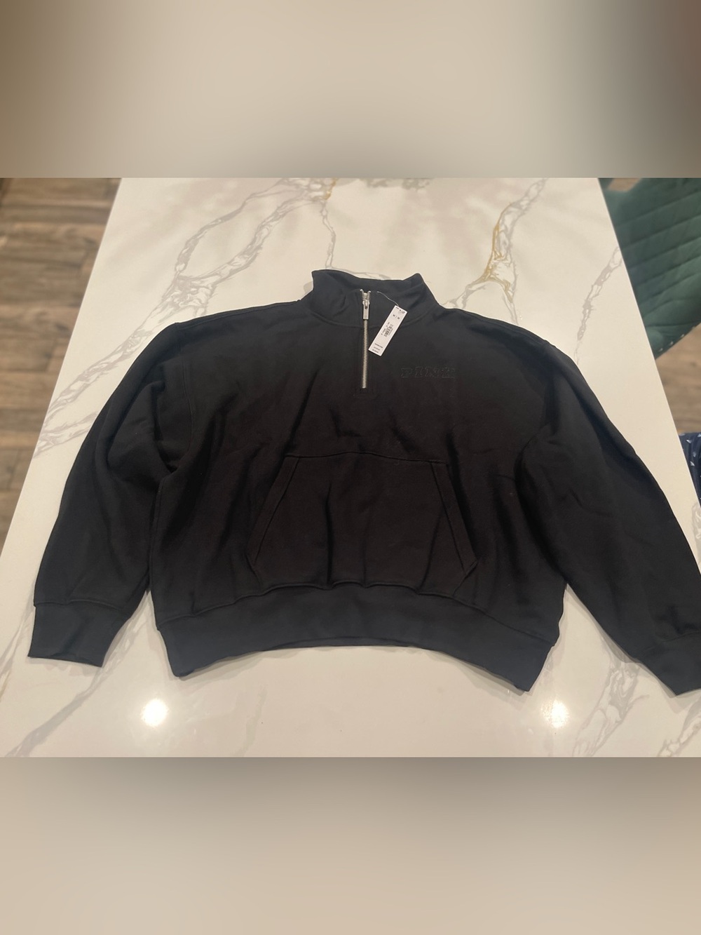 PINK Black Quarter-Zip Pullover Sweatshirt with Kangaroo Pocket M